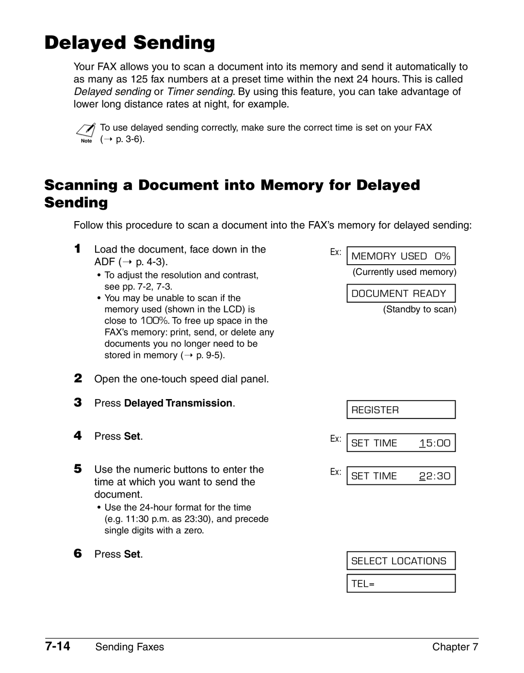 Canon FAX-L290, FAX-L240 manual Scanning a Document into Memory for Delayed Sending, Press Delayed Transmission 