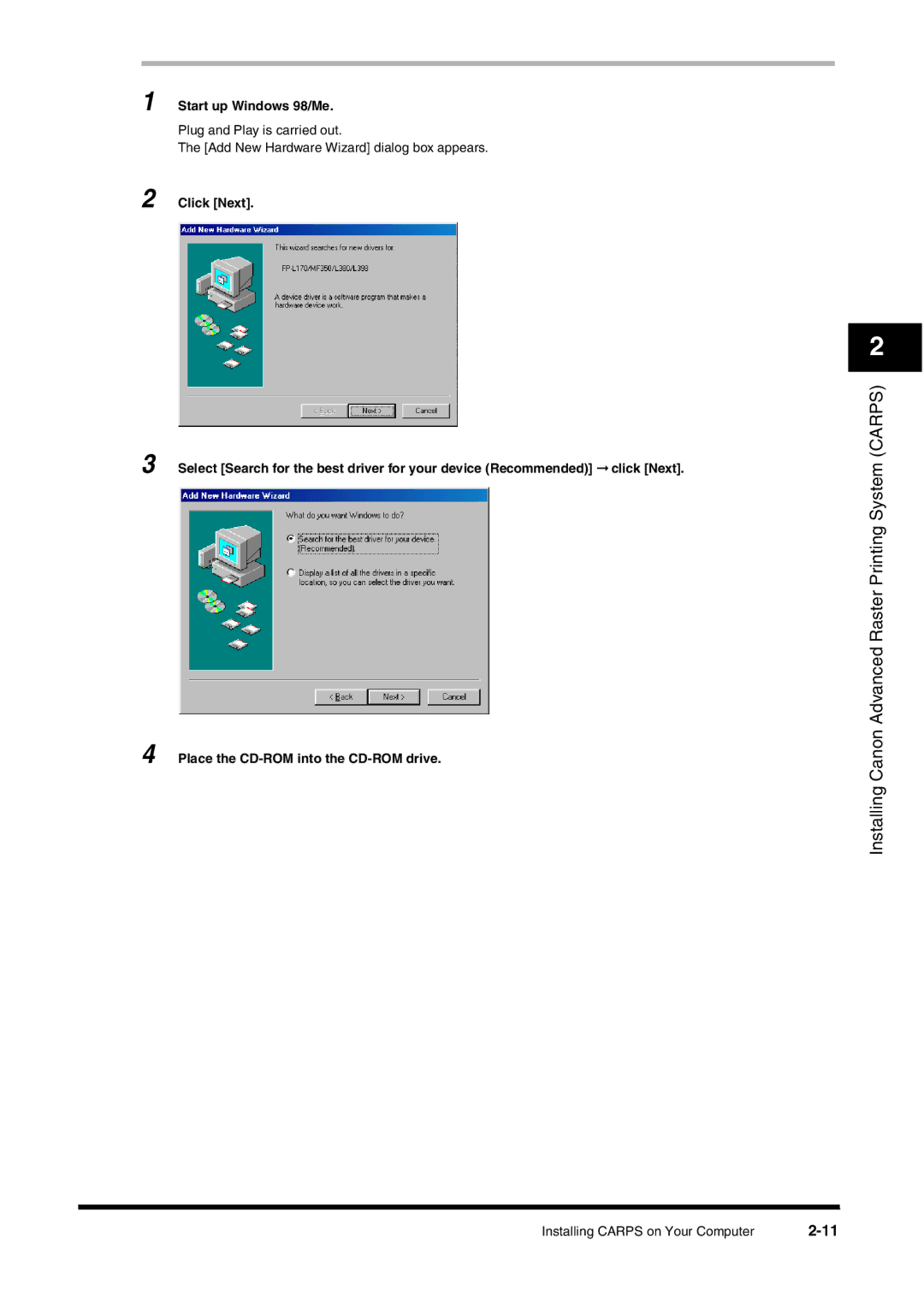 Canon FAX-L380 manual Start up Windows 98/Me 