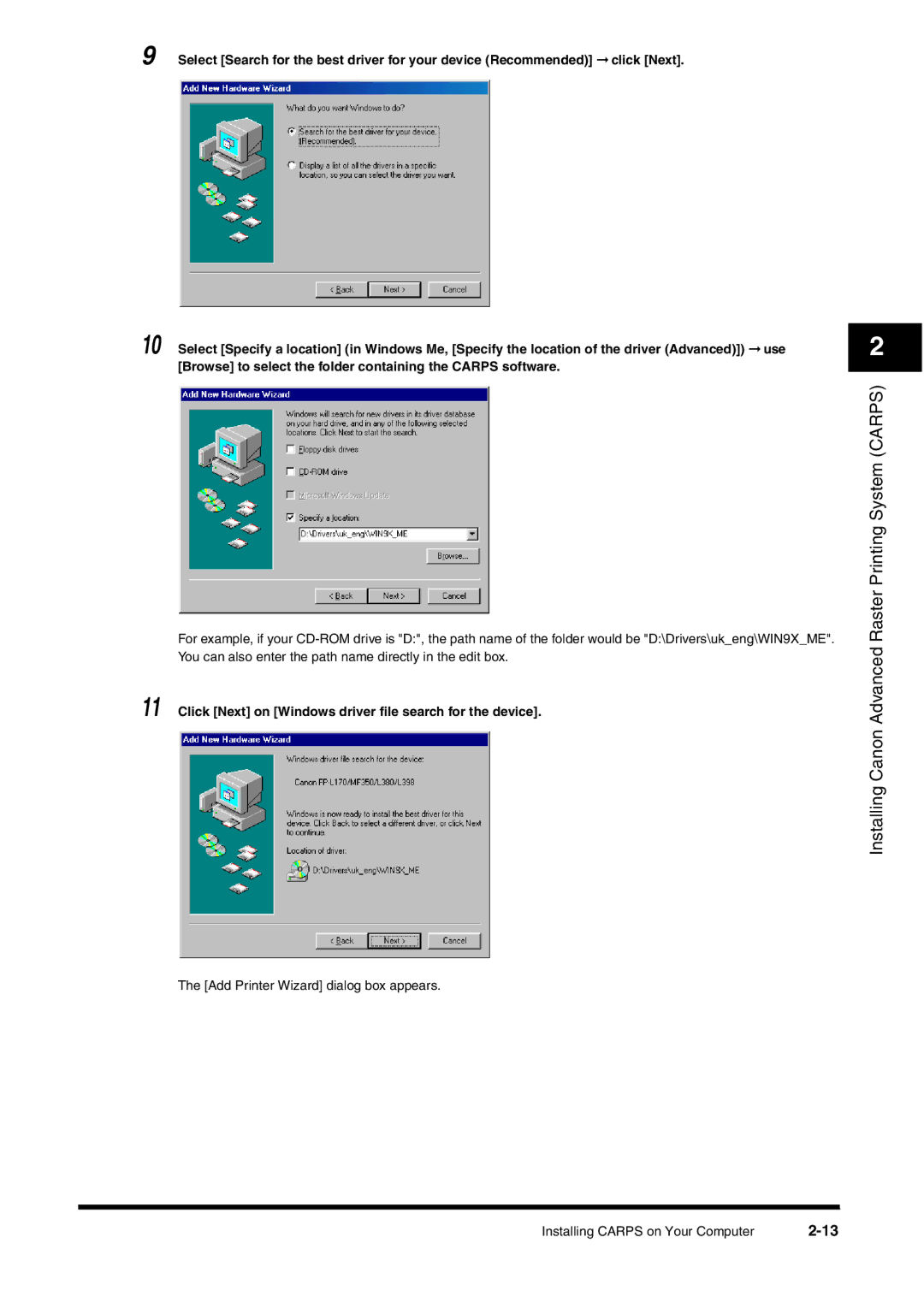 Canon FAX-L380 manual Click Next on Windows driver file search for the device 