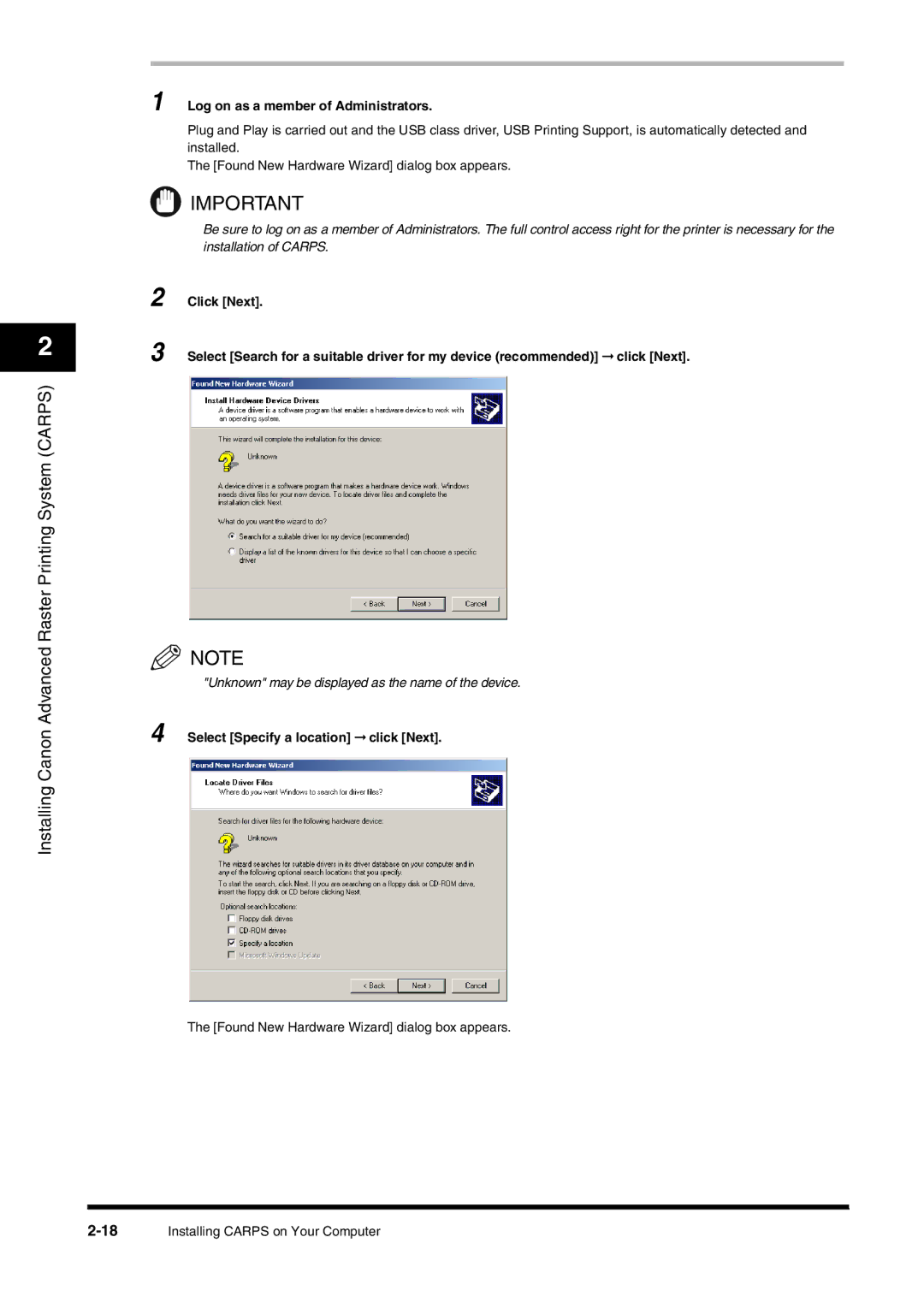 Canon FAX-L380 manual Log on as a member of Administrators, Select Specify a location click Next 