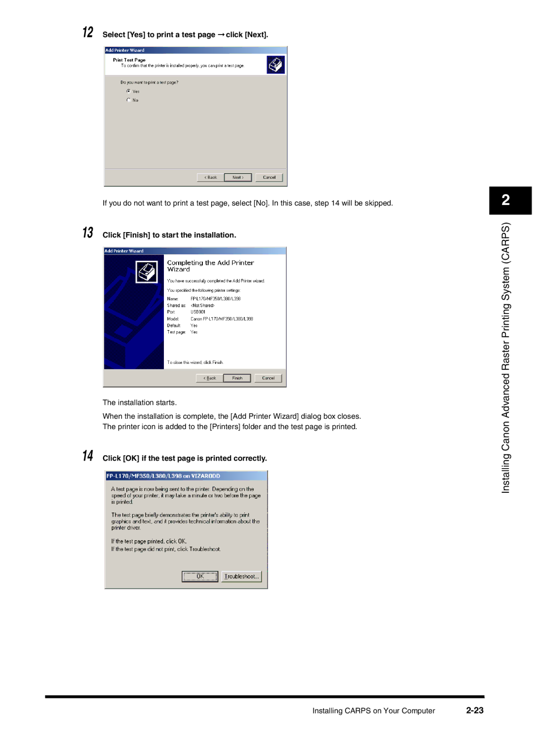 Canon FAX-L380 manual Select Yes to print a test page click Next, Click Finish to start the installation 