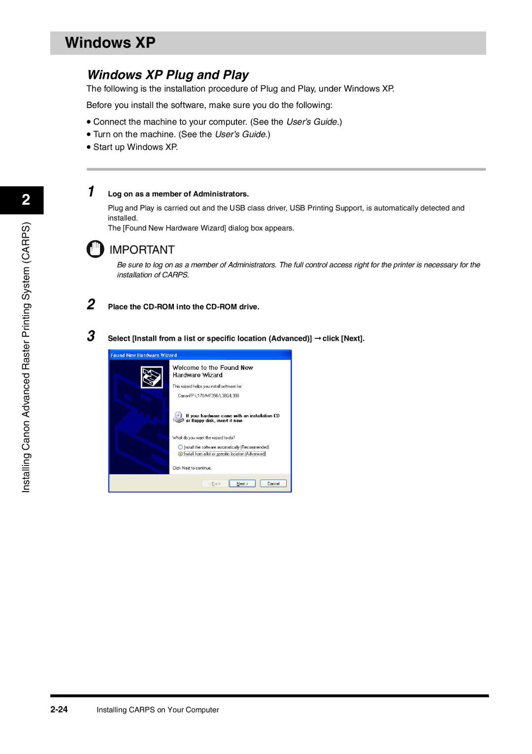 Canon FAX-L380 manual Windows XP Plug and Play 