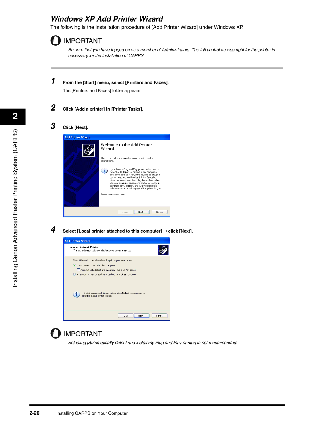 Canon FAX-L380 manual Windows XP Add Printer Wizard, From the Start menu, select Printers and Faxes 