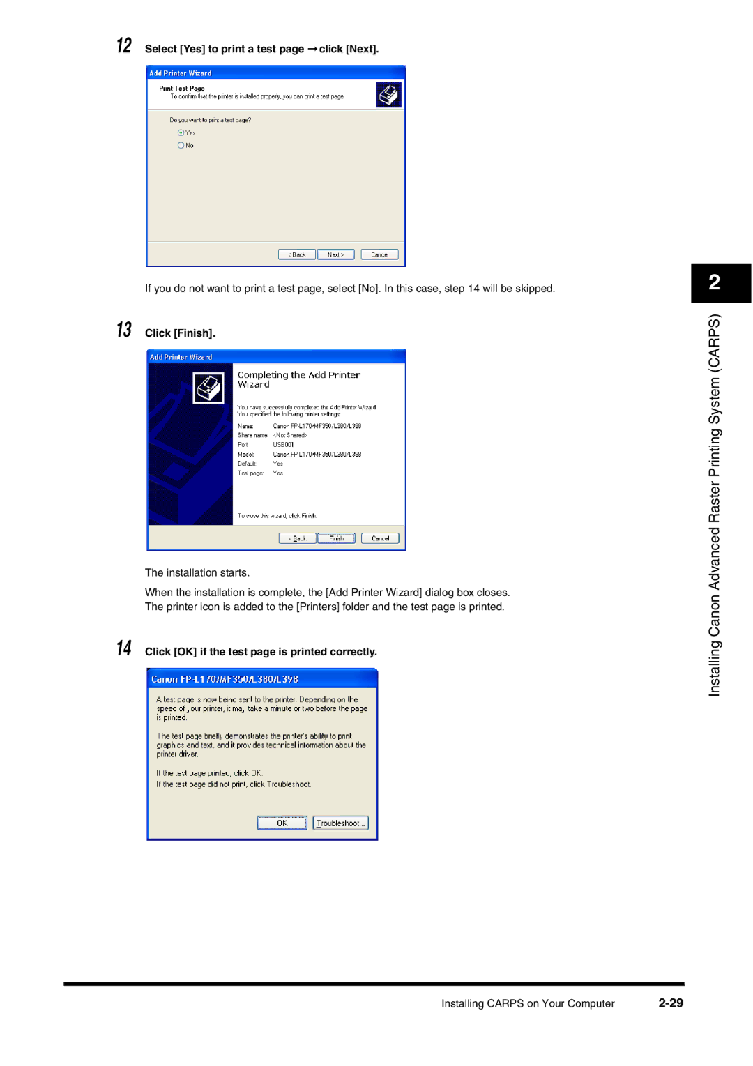 Canon FAX-L380 manual Select Yes to print a test page click Next, Click Finish 