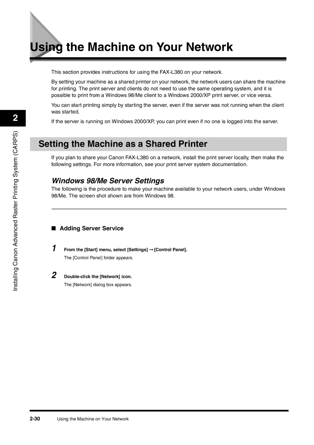 Canon FAX-L380 Using the Machine on Your Network, Setting the Machine as a Shared Printer, Windows 98/Me Server Settings 