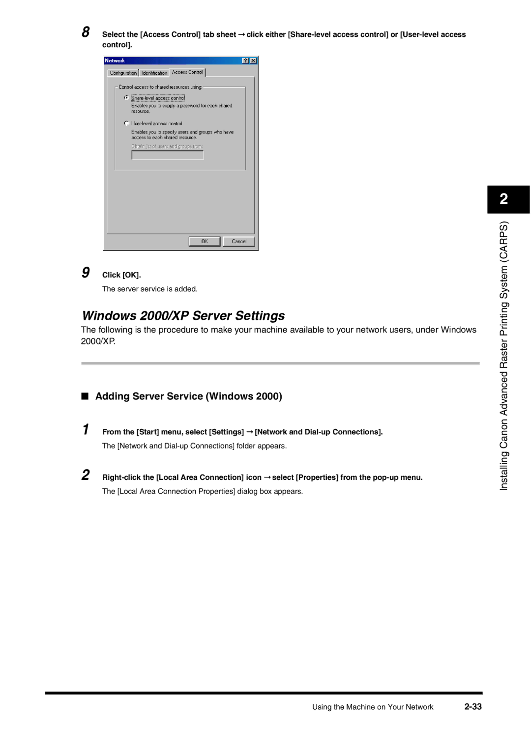 Canon FAX-L380 manual Windows 2000/XP Server Settings, Adding Server Service Windows 