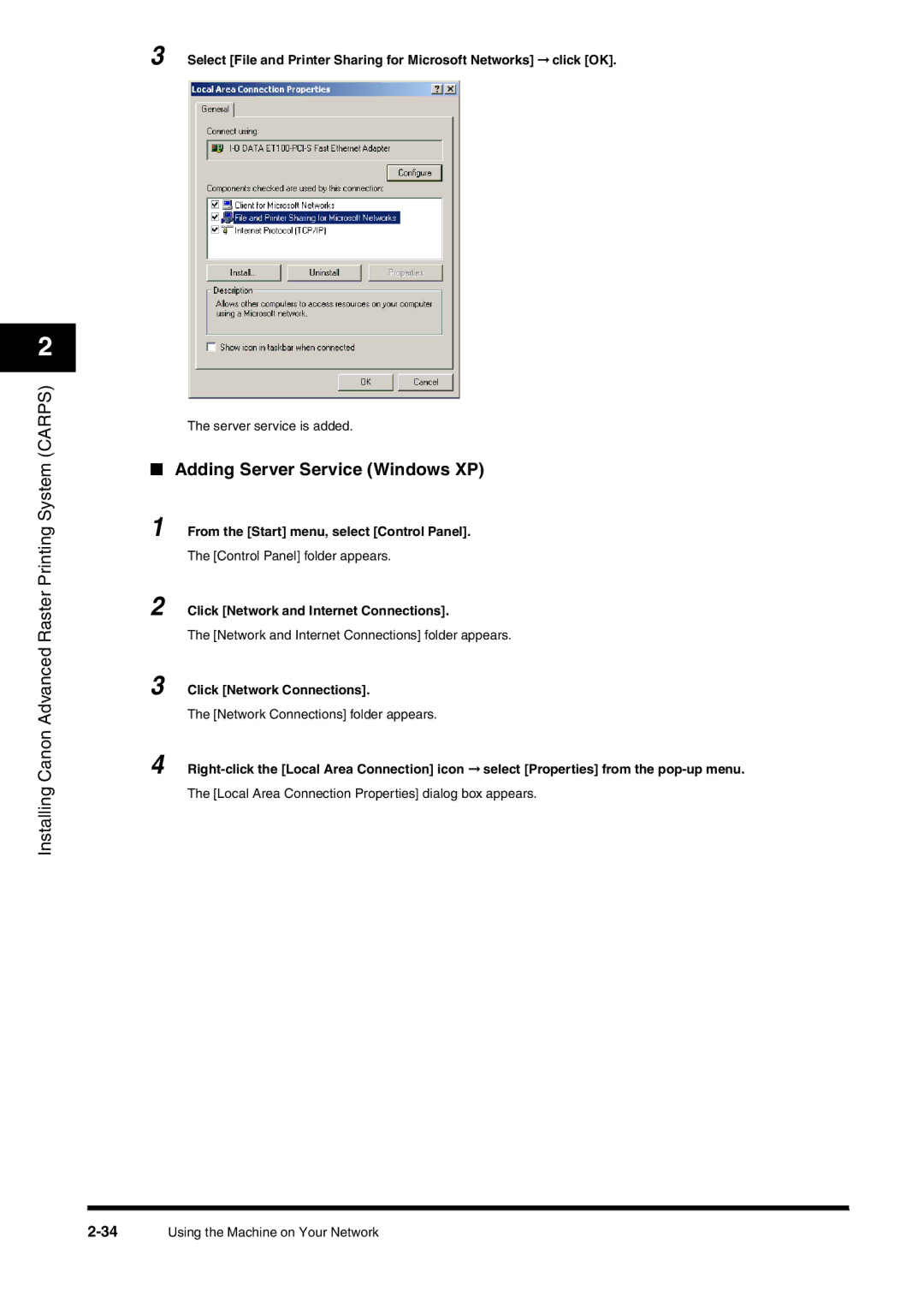 Canon FAX-L380 Adding Server Service Windows XP, From the Start menu, select Control Panel, Click Network Connections 