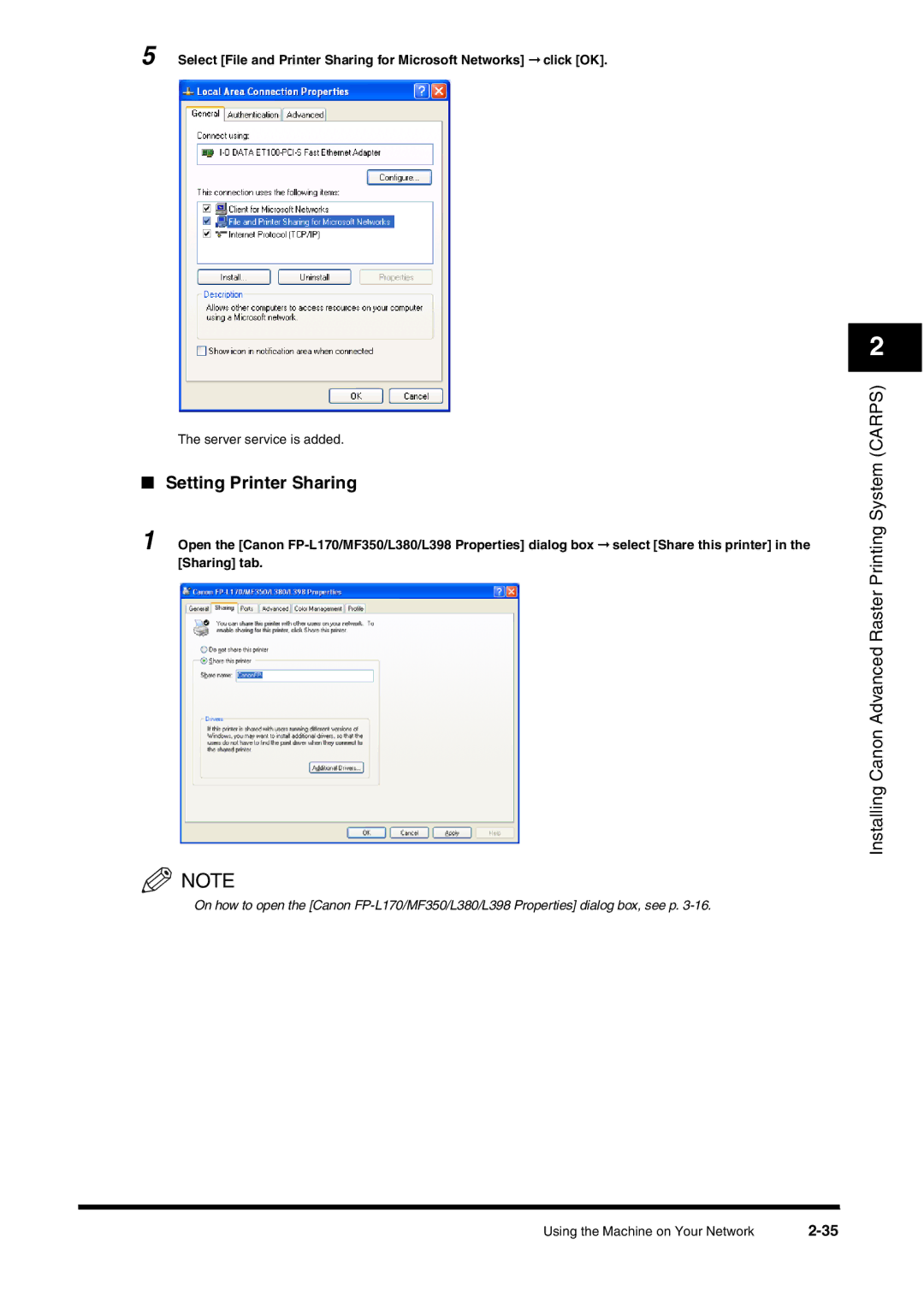 Canon FAX-L380 manual Setting Printer Sharing 