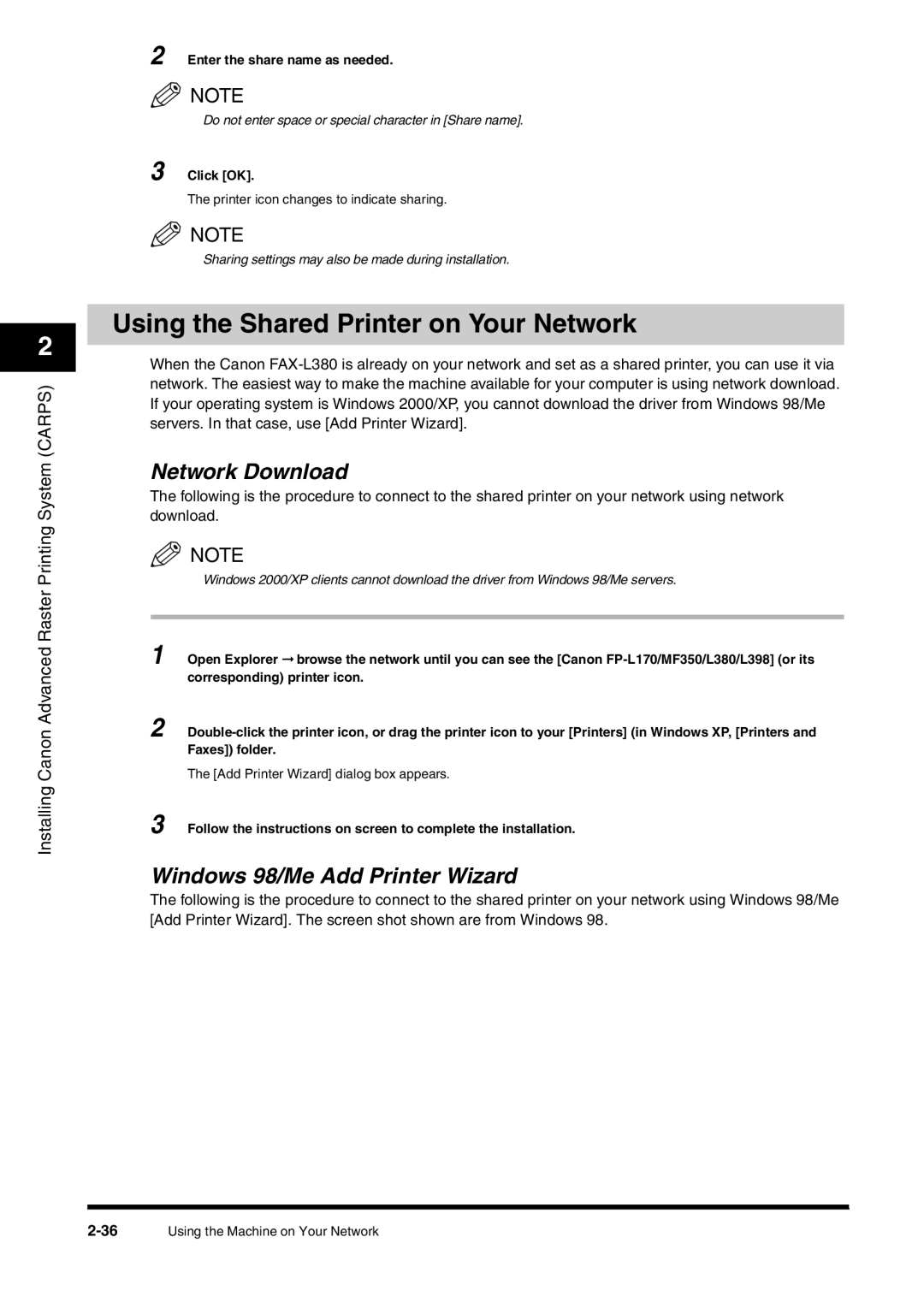 Canon FAX-L380 manual Using the Shared Printer on Your Network, Network Download, Enter the share name as needed 