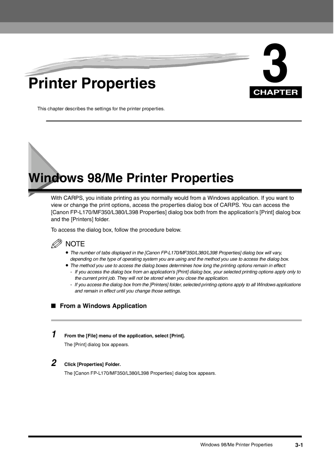 Canon FAX-L380 manual Windows 98/Me Printer Properties, From a Windows Application, Click Properties Folder 