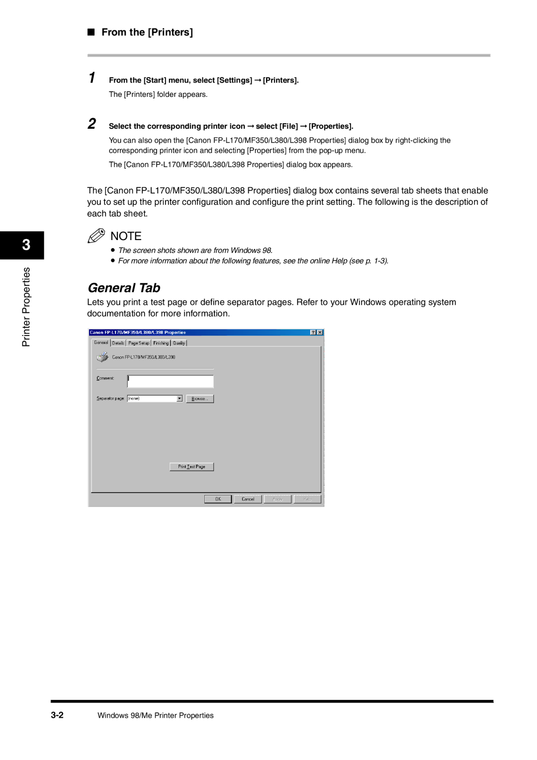 Canon FAX-L380 manual General Tab, From the Printers 