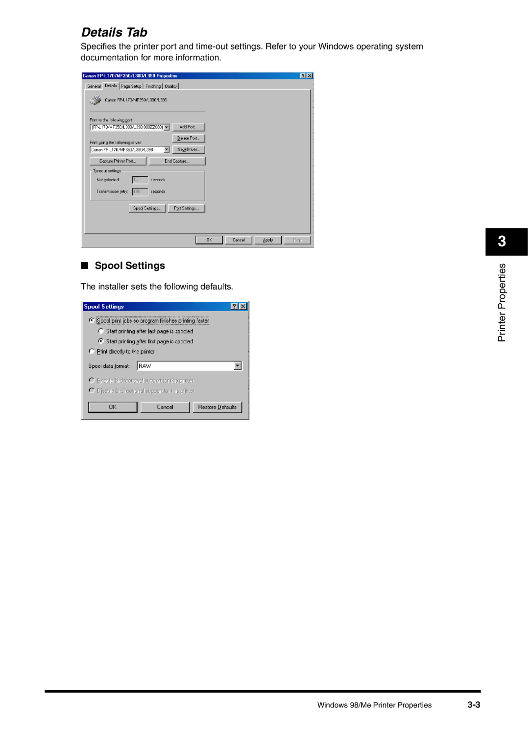 Canon FAX-L380 manual Details Tab, Spool Settings 