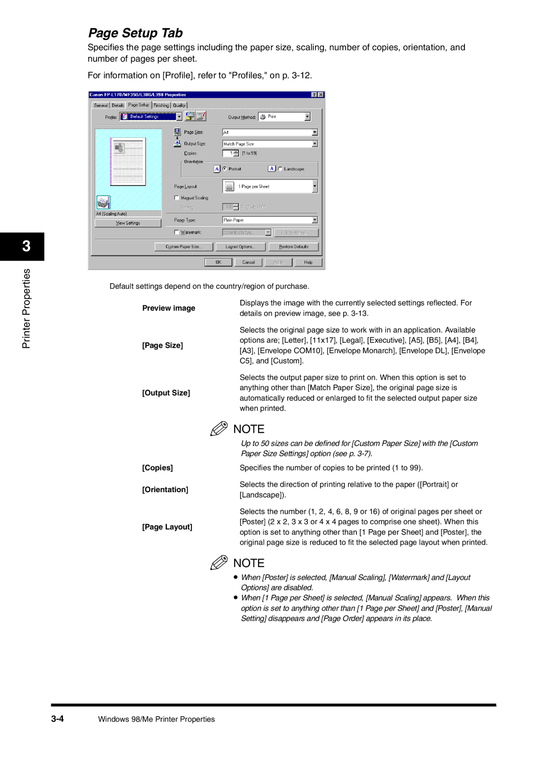 Canon FAX-L380 manual Setup Tab, Preview image, Output Size, Layout 