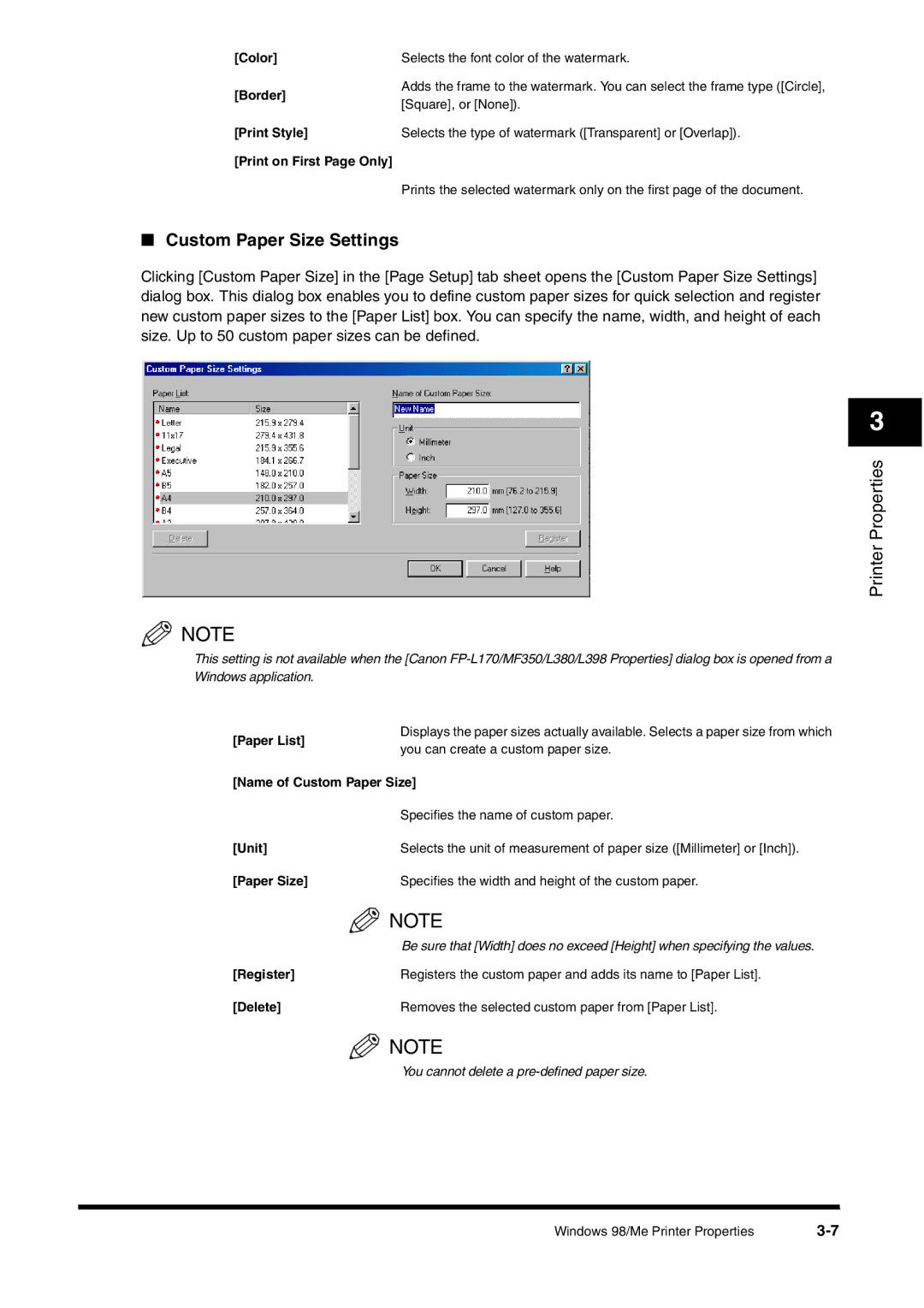 Canon FAX-L380 manual Custom Paper Size Settings 