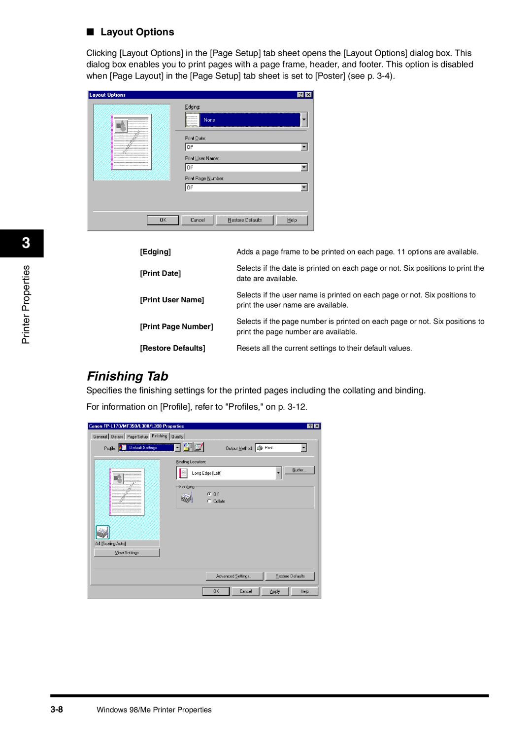 Canon FAX-L380 manual Finishing Tab, Layout Options, Print Date, Print User Name, Print Page Number 