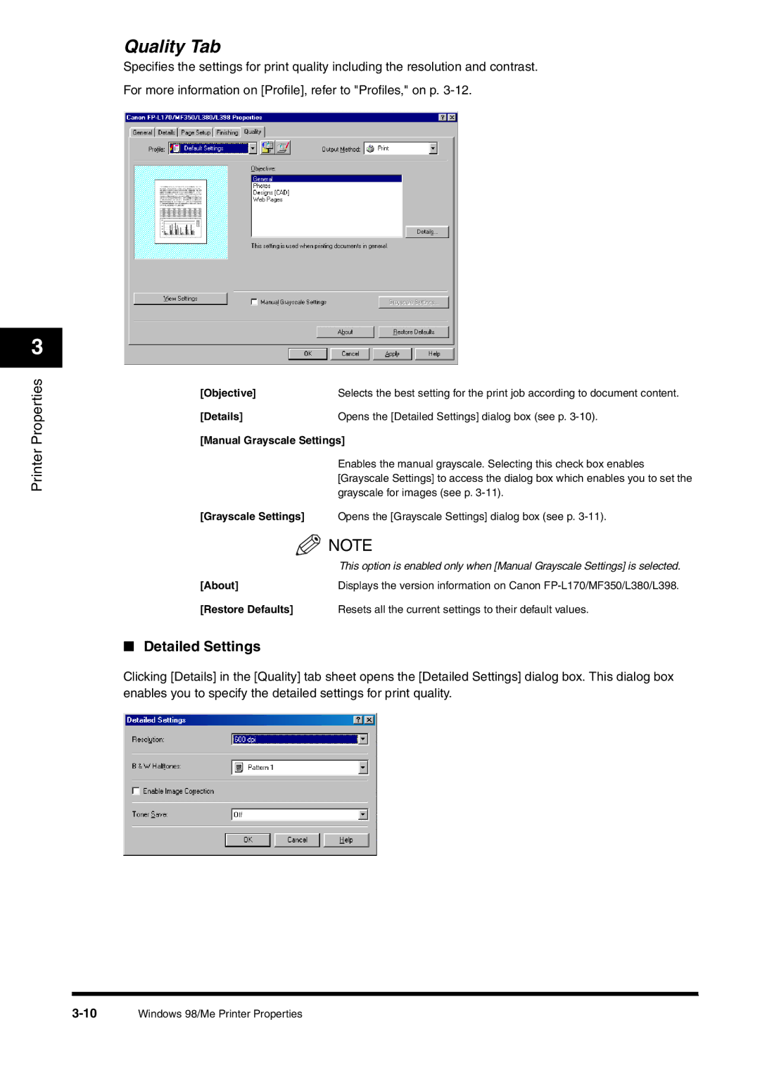 Canon FAX-L380 manual Quality Tab, Detailed Settings, Objective, Details, Manual Grayscale Settings 