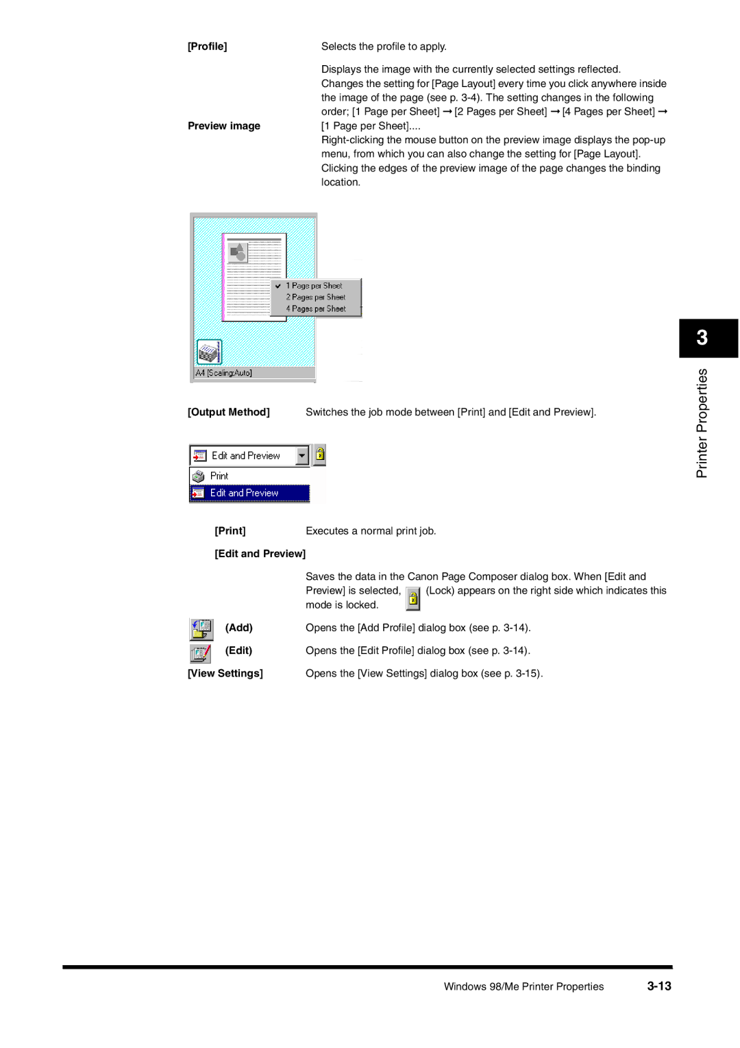 Canon FAX-L380 manual Profile, Edit and Preview, View Settings 