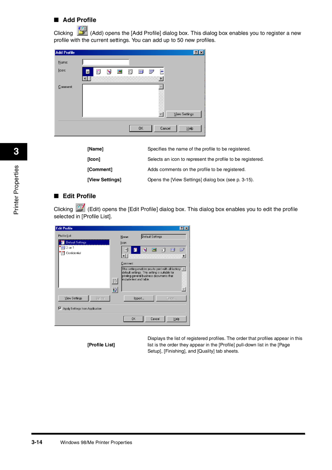 Canon FAX-L380 manual Add Profile, Edit Profile, Icon, Comment 