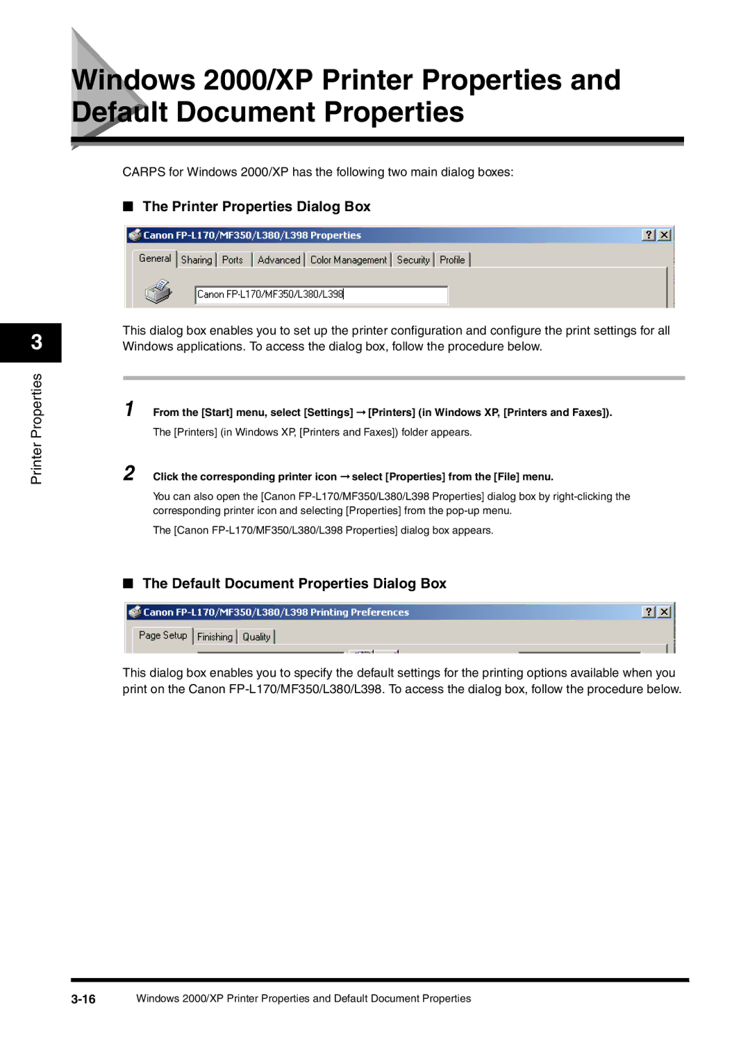 Canon FAX-L380 manual Printer Properties Dialog Box, Default Document Properties Dialog Box 