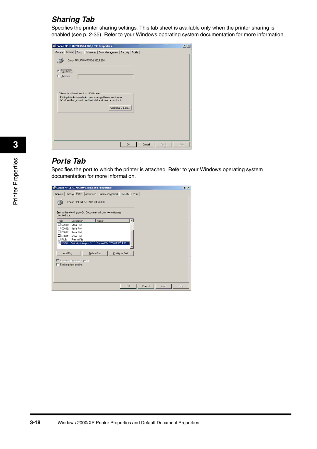 Canon FAX-L380 manual Sharing Tab, Ports Tab 