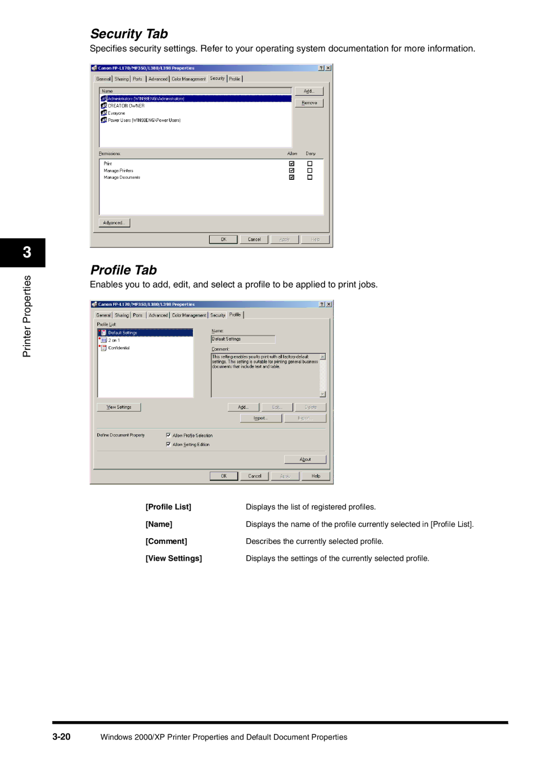 Canon FAX-L380 manual Security Tab, Profile Tab 