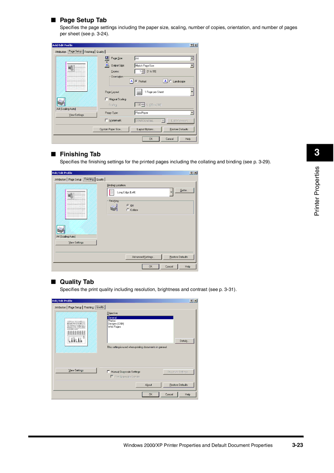 Canon FAX-L380 manual Setup Tab, Finishing Tab, Quality Tab 