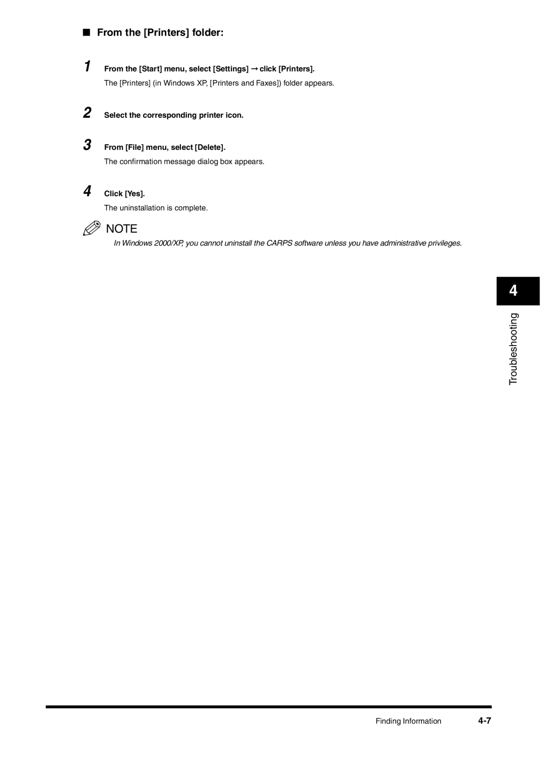 Canon FAX-L380 manual From the Printers folder, From the Start menu, select Settings click Printers 