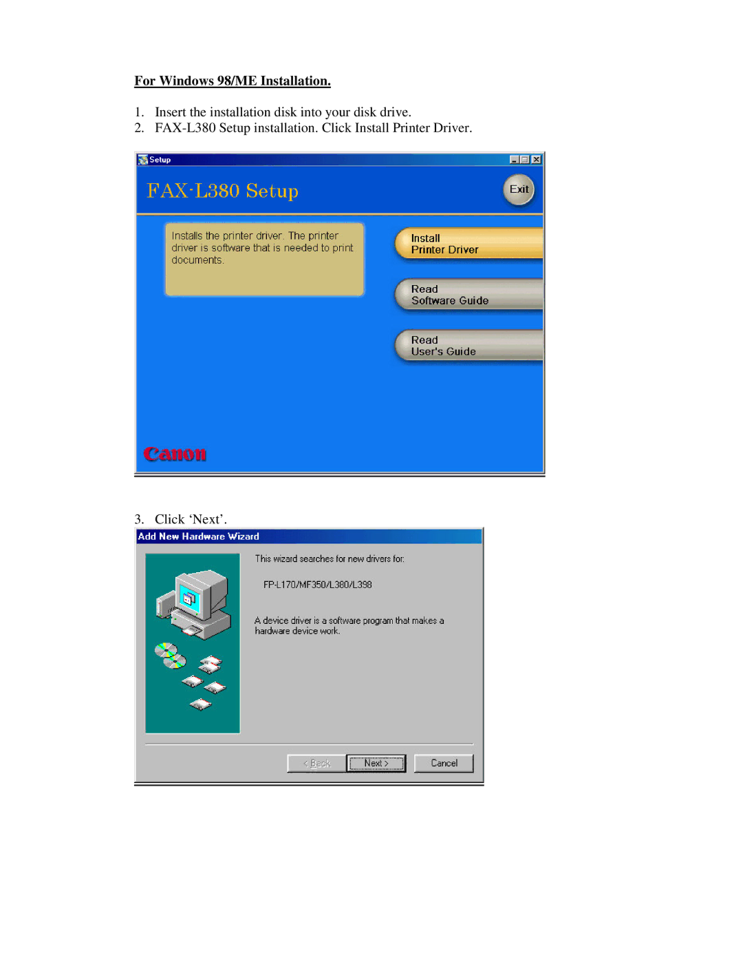 Canon FAX-L380 manual For Windows 98/ME Installation 