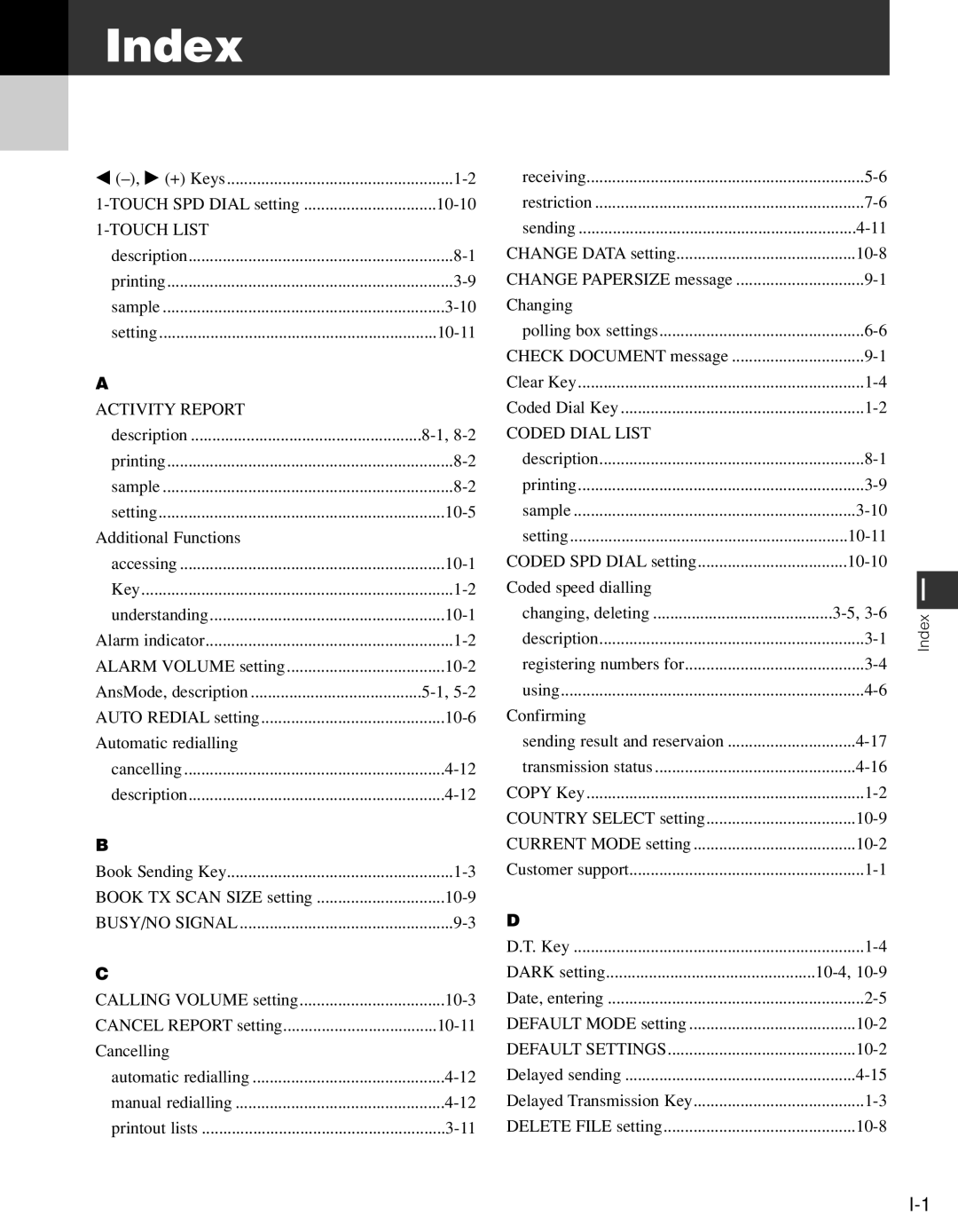 Canon FAX-L400 manual Index 