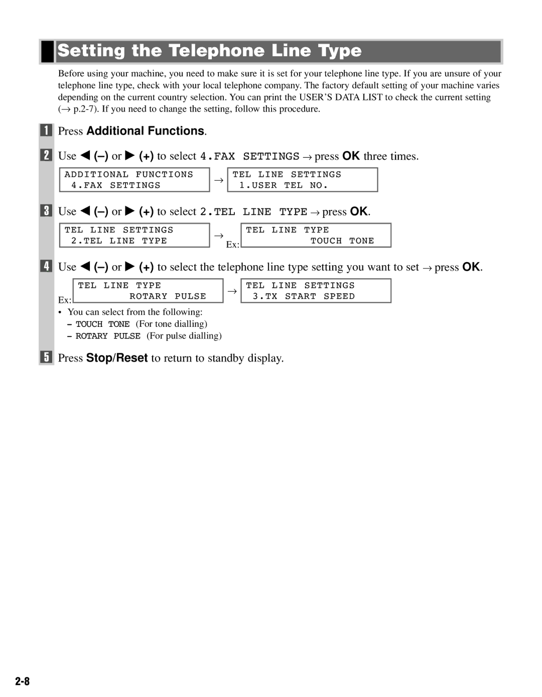 Canon FAX-L400 manual Setting the Telephone Line Type, Use 4 -or e + to select 2.TEL Line Type → press OK 