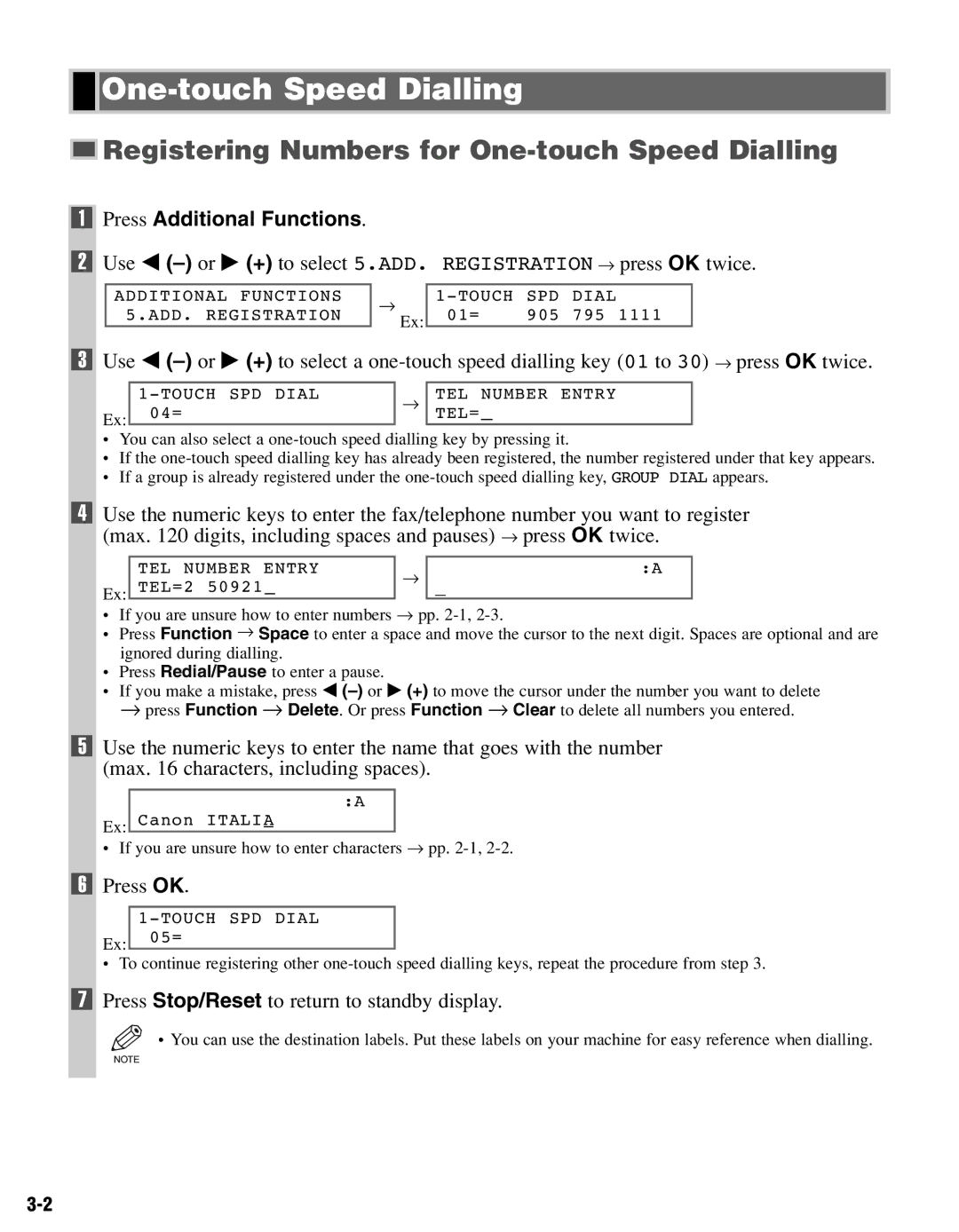 Canon FAX-L400 manual Registering Numbers for One-touch Speed Dialling 