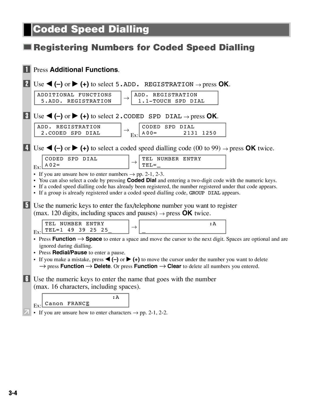 Canon FAX-L400 Registering Numbers for Coded Speed Dialling, Use 4 -or e + to select 5.ADD. Registration → press OK 