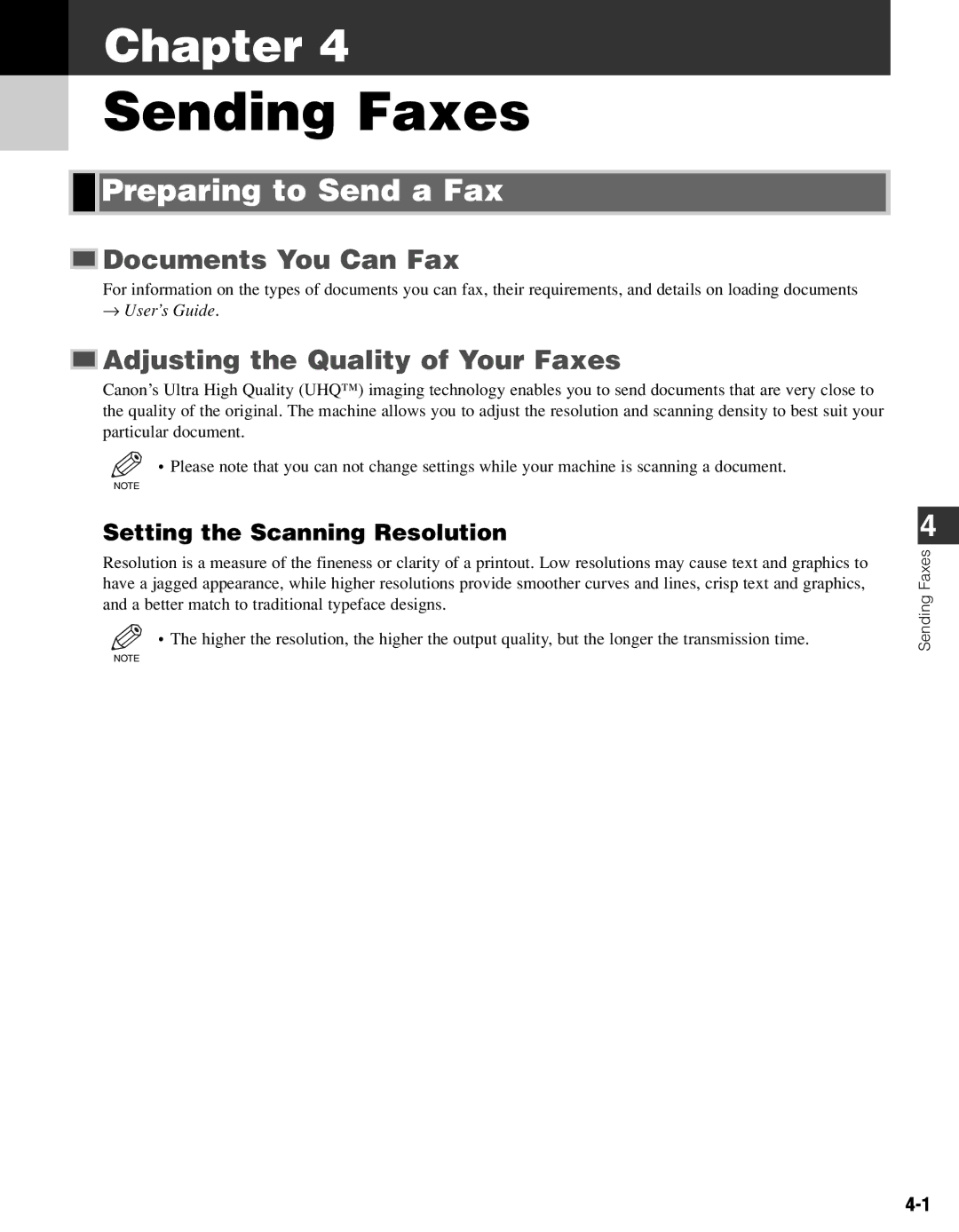 Canon FAX-L400 manual Sending Faxes, Preparing to Send a Fax, Documents You Can Fax, Adjusting the Quality of Your Faxes 