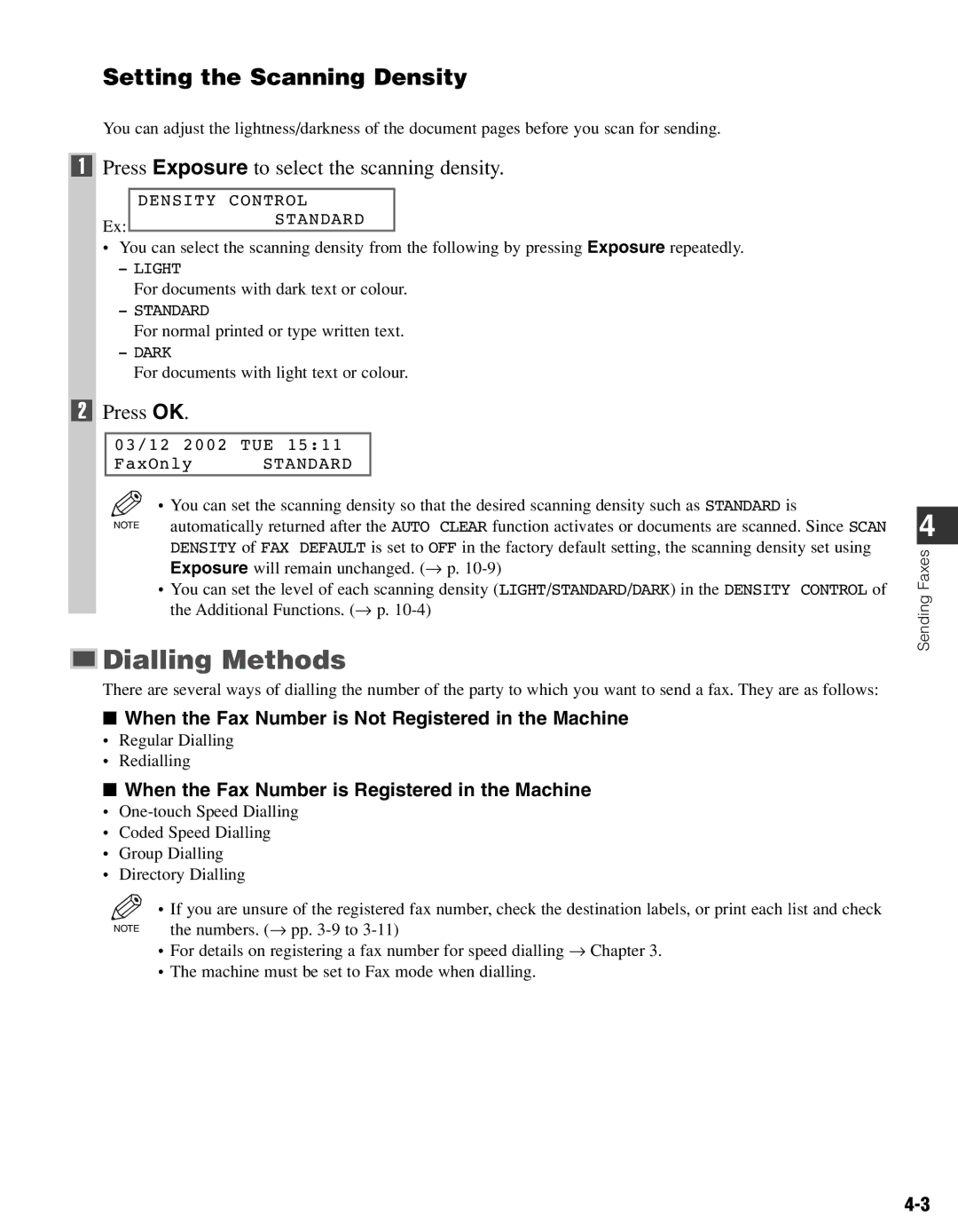 Canon FAX-L400 manual Dialling Methods, Setting the Scanning Density, Press Exposure to select the scanning density 