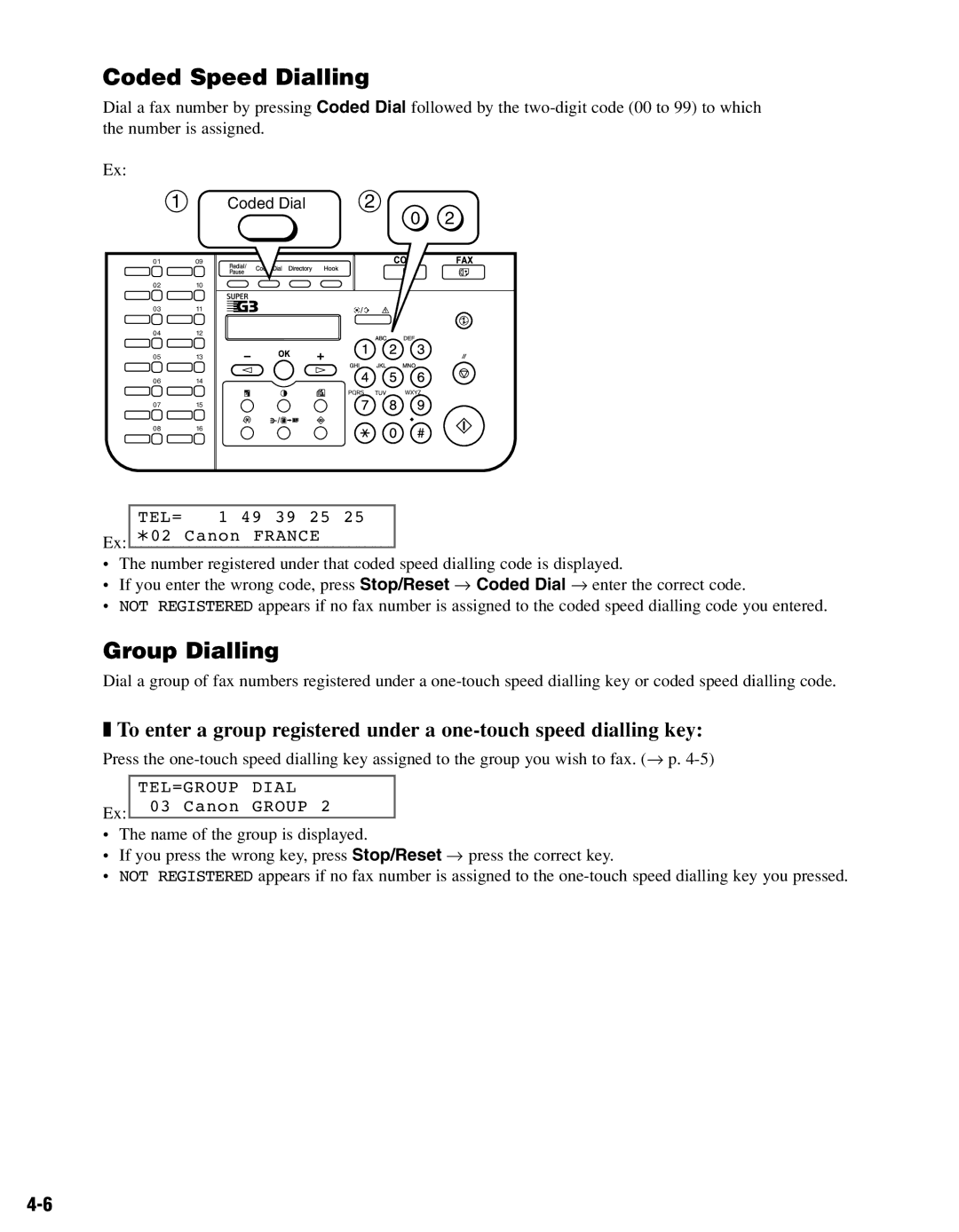 Canon FAX-L400 manual Coded Speed Dialling, Group Dialling 