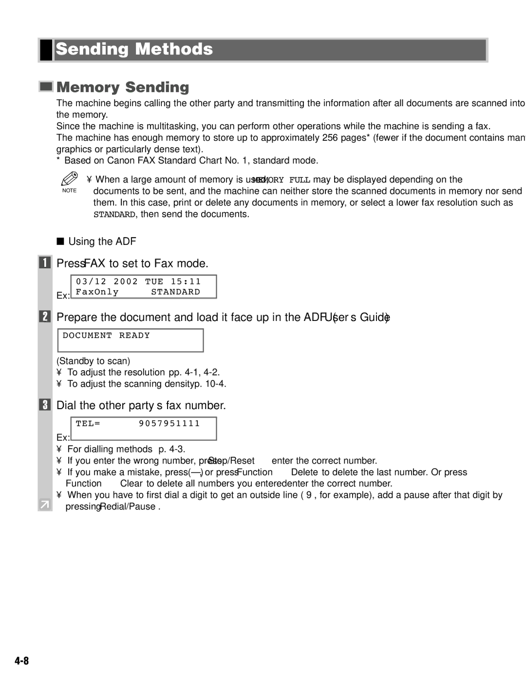 Canon FAX-L400 manual Sending Methods, Memory Sending, Press FAX to set to Fax mode, Dial the other party’s fax number 