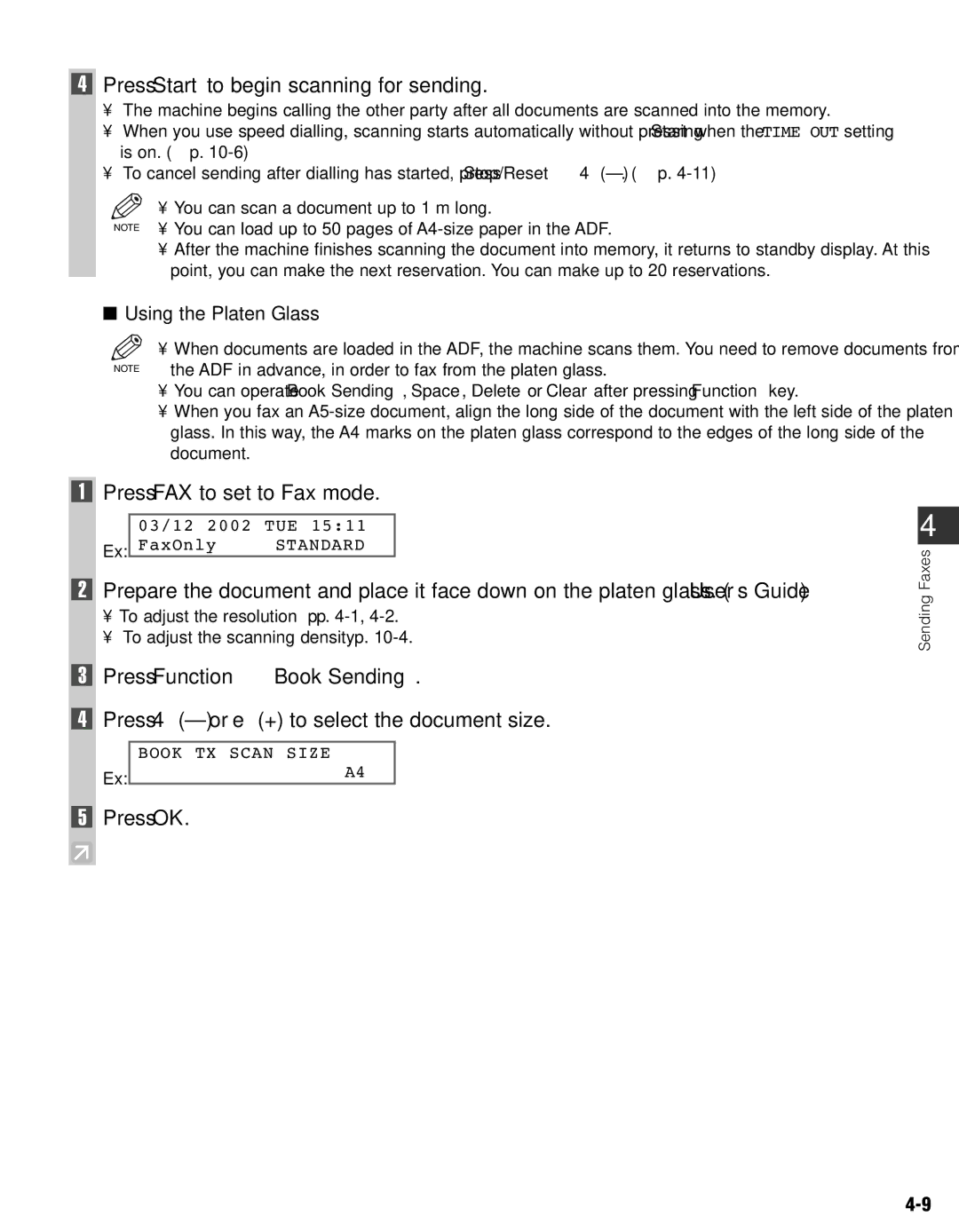 Canon FAX-L400 manual Press Start to begin scanning for sending, Press Function → Book Sending, Using the Platen Glass 