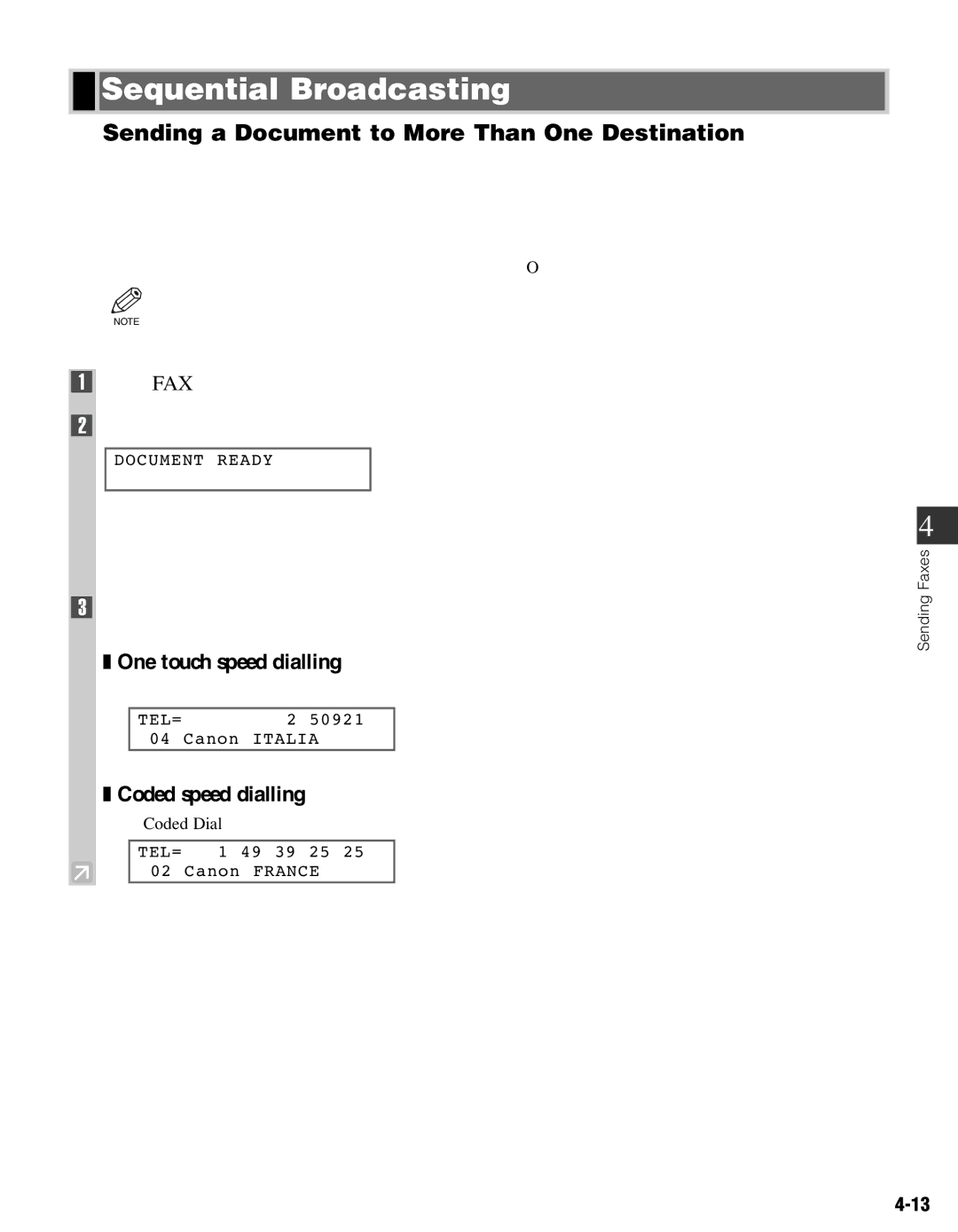 Canon FAX-L400 manual Sequential Broadcasting, Sending a Document to More Than One Destination, One-touch speed dialling 