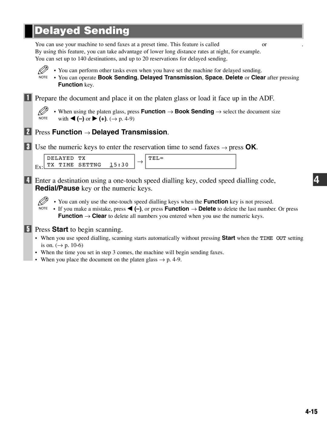 Canon FAX-L400 manual Delayed Sending, Press Function → Delayed Transmission 