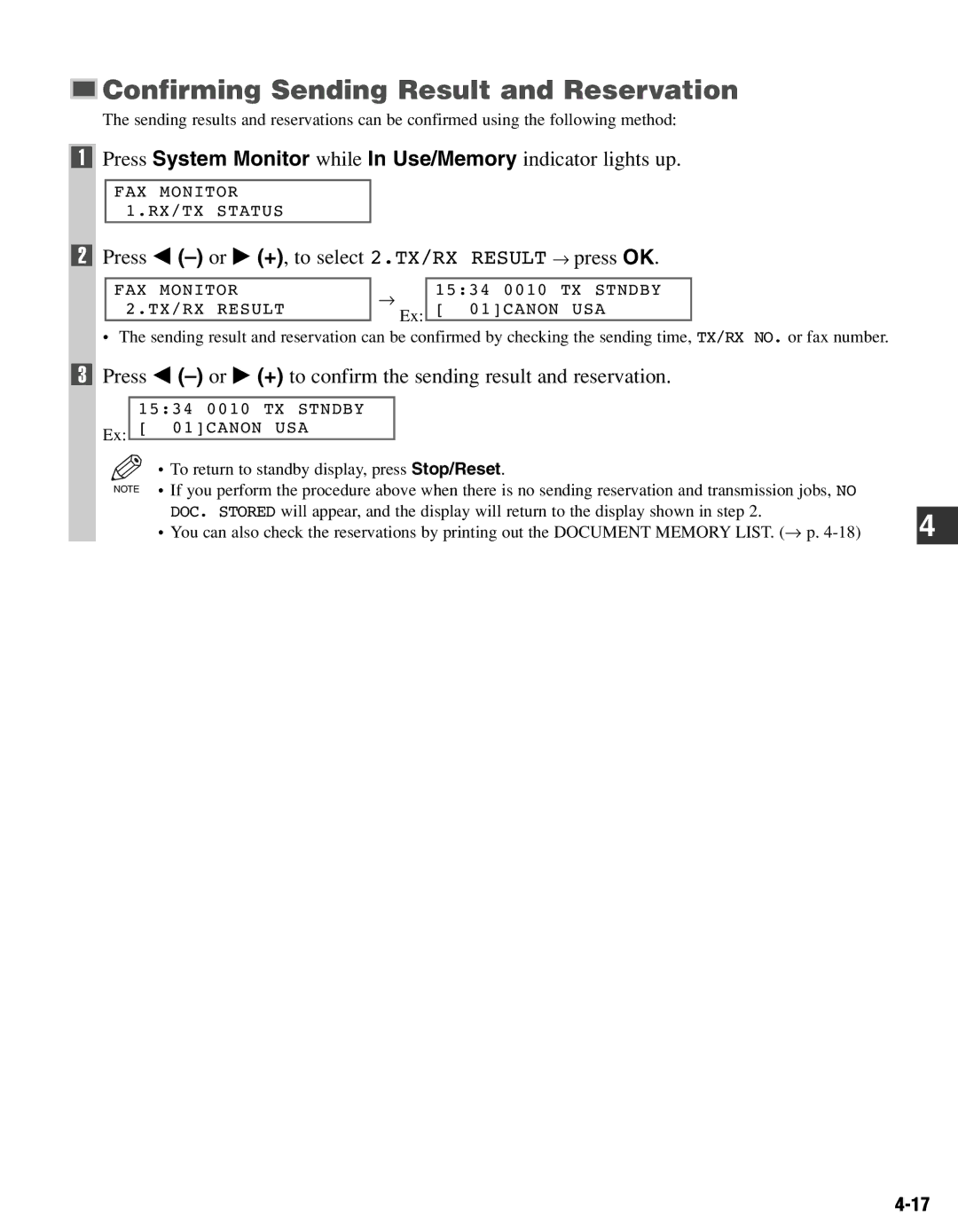 Canon FAX-L400 manual Confirming Sending Result and Reservation, Press 4 -or e +, to select 2.TX/RX Result → press OK 