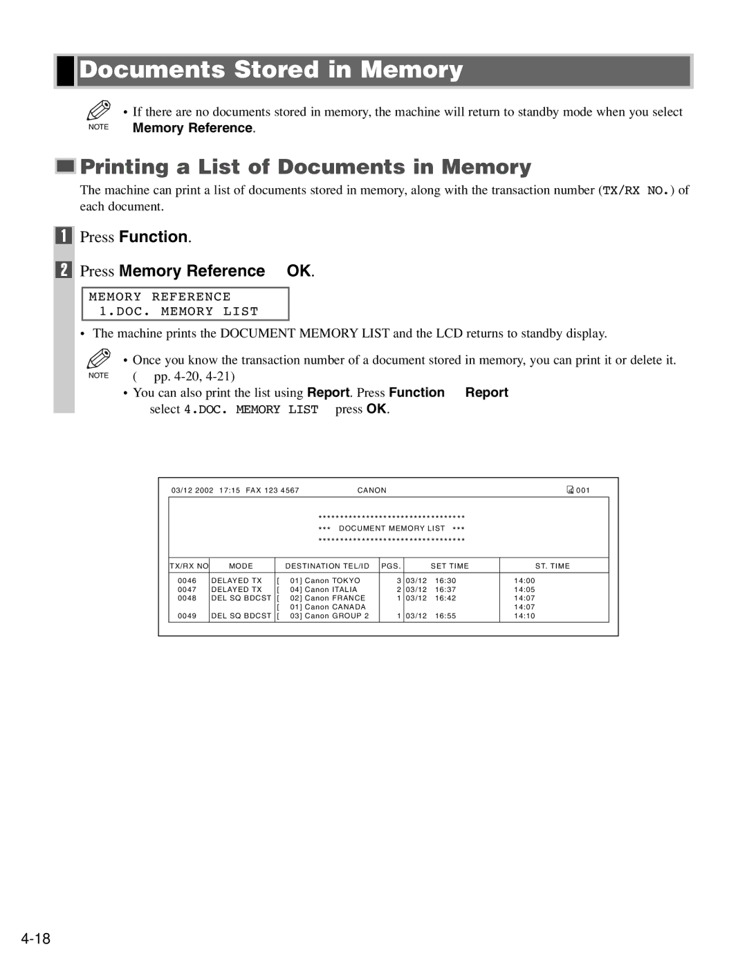 Canon FAX-L400 manual Documents Stored in Memory, Printing a List of Documents in Memory 