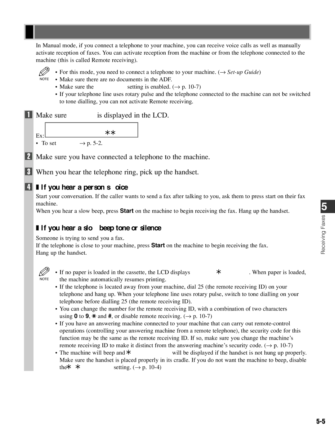 Canon FAX-L400 manual Receiving Faxes Manually, If you hear a person’s voice, If you hear a slow beep tone or silence 