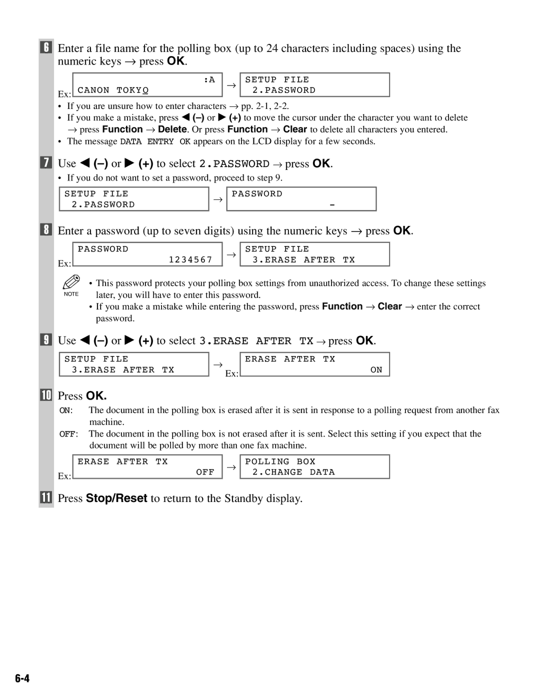 Canon FAX-L400 manual Use 4 -or e + to select 2.PASSWORD → press OK, Use 4 -or e + to select 3.ERASE After TX → press OK 