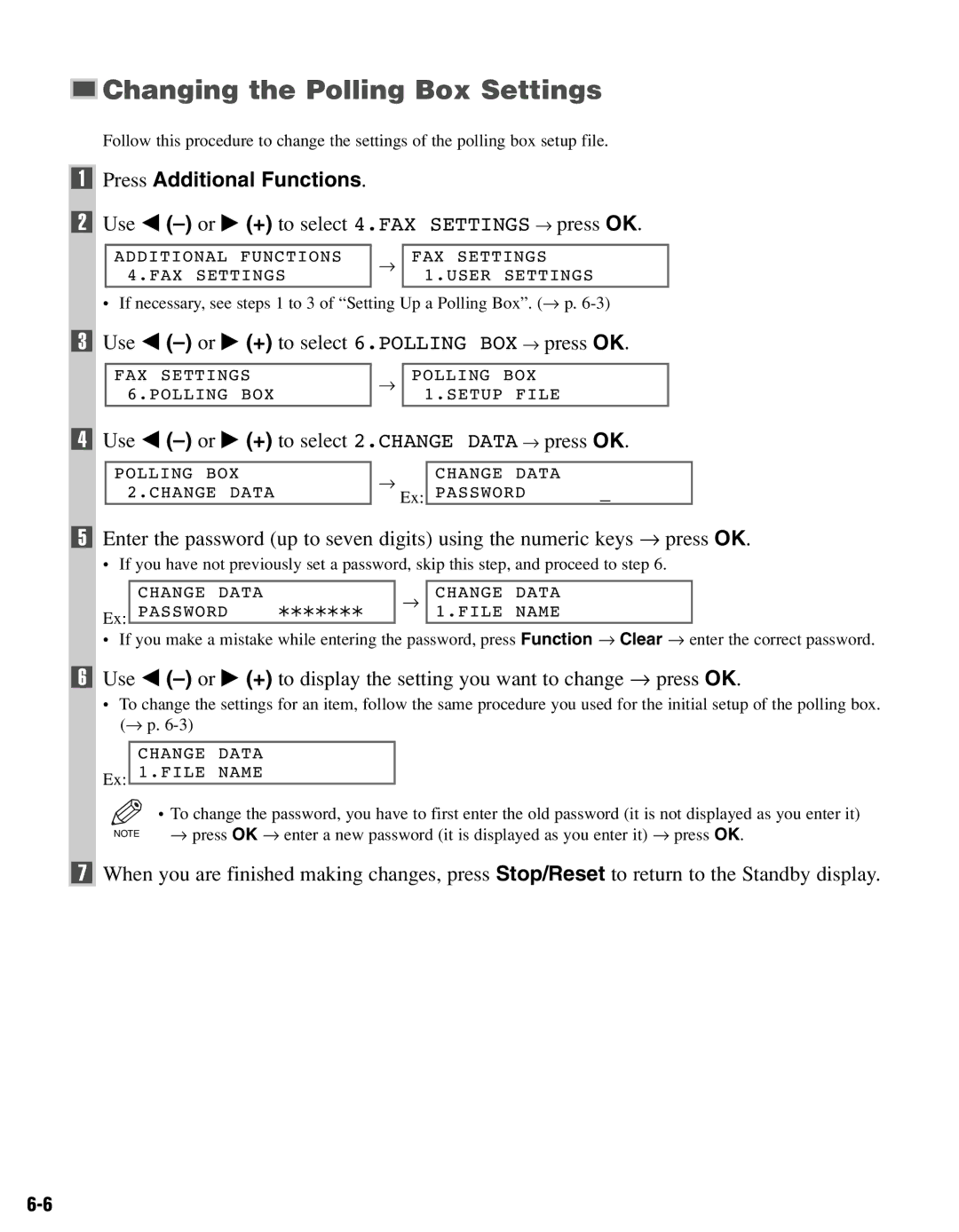 Canon FAX-L400 manual Changing the Polling Box Settings, Use 4 -or e + to select 2.CHANGE Data → press OK 