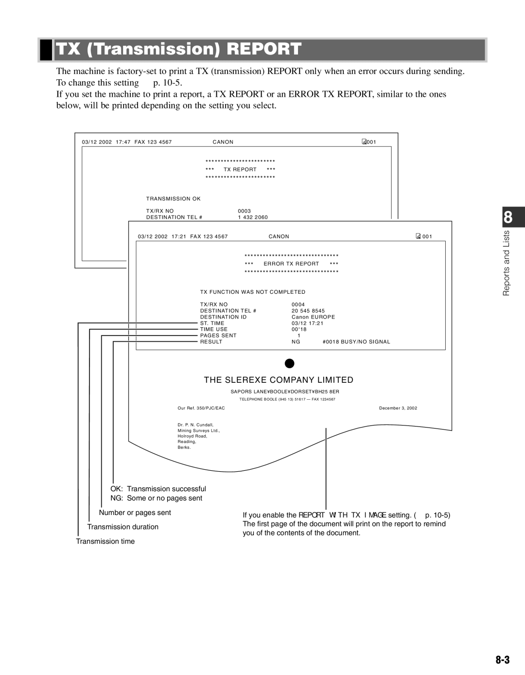 Canon FAX-L400 manual TX Transmission Report, Slerexe Company Limited 