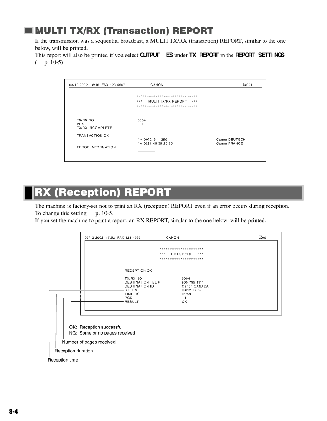 Canon FAX-L400 manual RX Reception Report, Multi TX/RX Transaction Report 