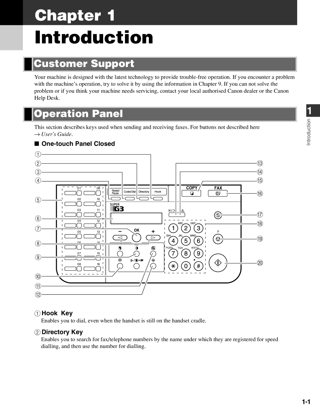 Canon FAX-L400 manual Introduction, Customer Support, Operation Panel, One-touch Panel Closed Hook Key, Directory Key 