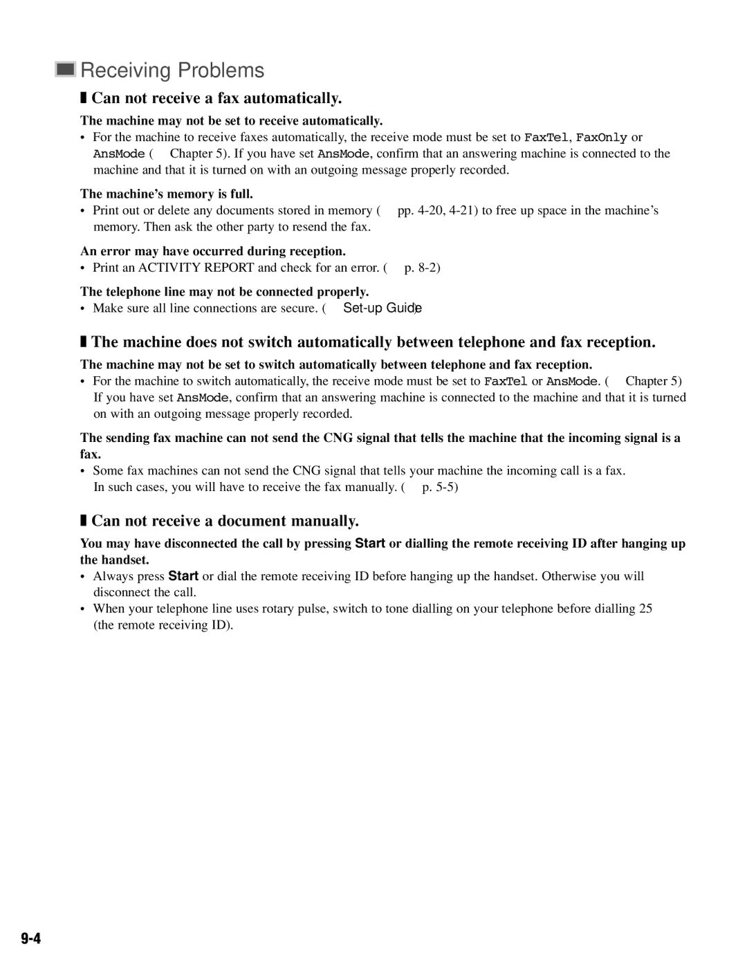 Canon FAX-L400 Receiving Problems, Can not receive a fax automatically, Can not receive a document manually 