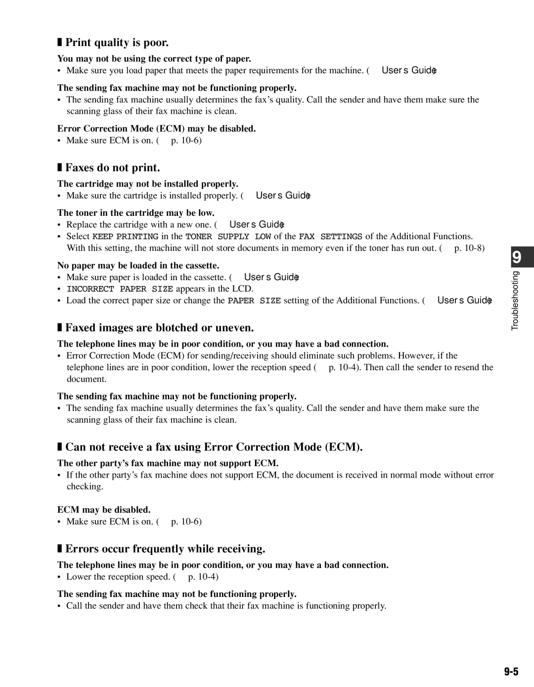 Canon FAX-L400 manual Print quality is poor, Faxes do not print, Faxed images are blotched or uneven 