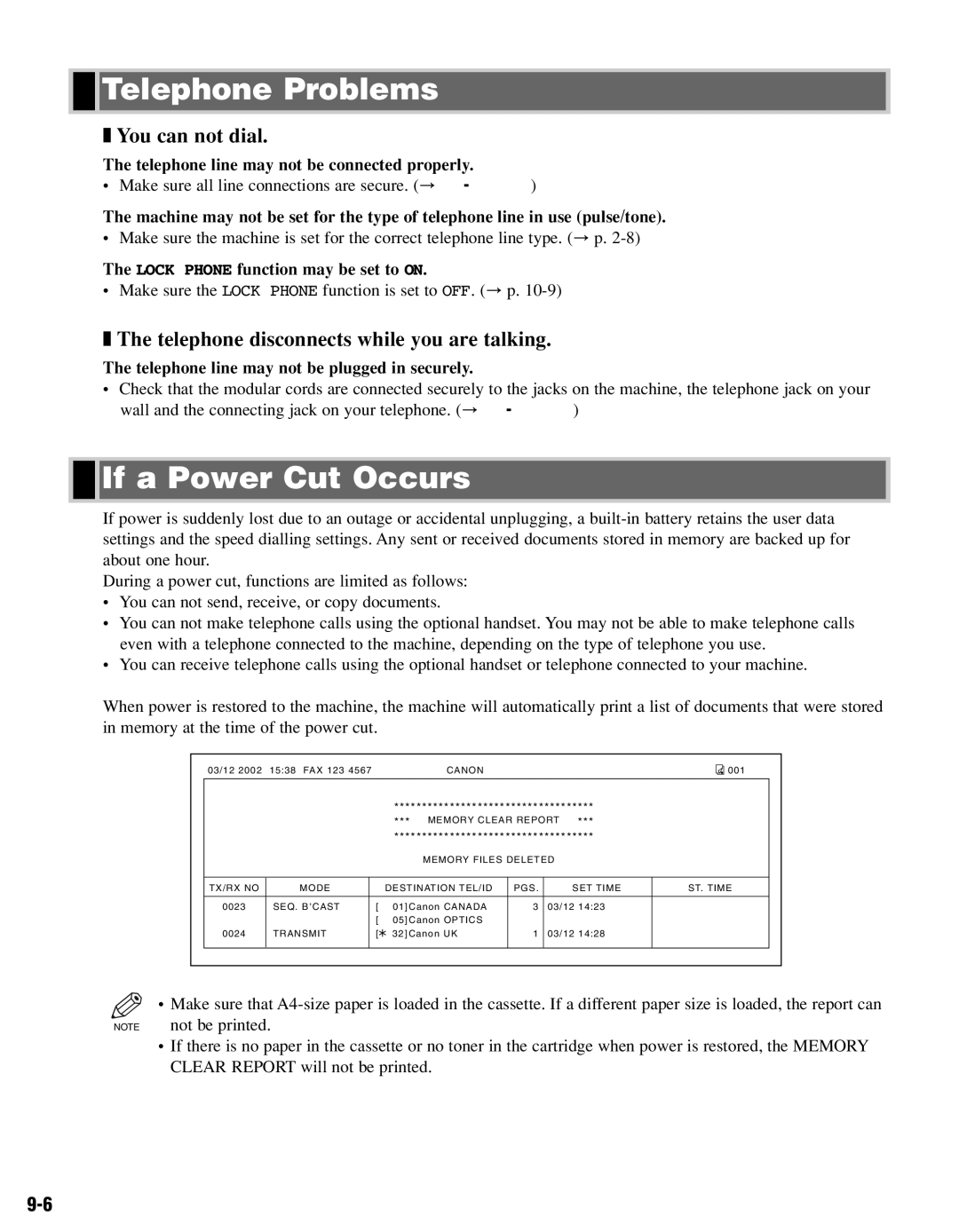 Canon FAX-L400 Telephone Problems, If a Power Cut Occurs, You can not dial, Telephone disconnects while you are talking 